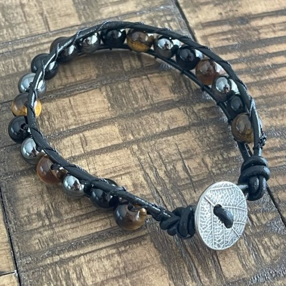 Tiger Eye - Black Onyx - Hematite Leather Bracelet - Picture 4 of 5